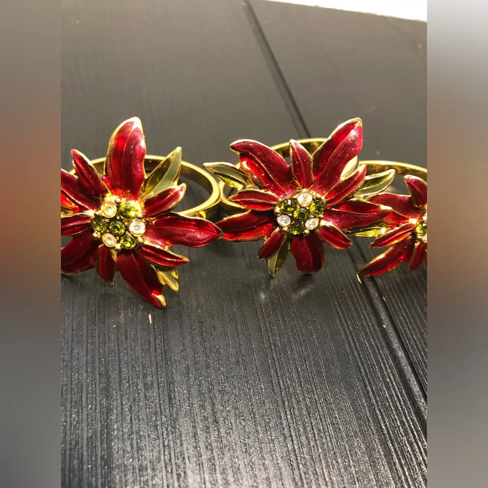 Holiday Poinsettia Napkin Rings and Place Card Holders - Red and Gold
